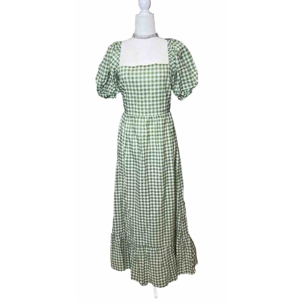 Sage Green White Gingham Check Charlie Holiday 10 Backless Maxi Dress Puff NEW